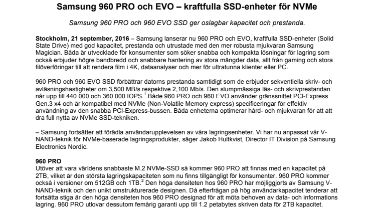 Samsung 960 PRO och EVO – kraftfulla SSD-enheter för NVMe