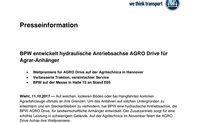 BPW entwickelt hydraulische Antriebsachse AGRO Drive für Agrar-Anhänger