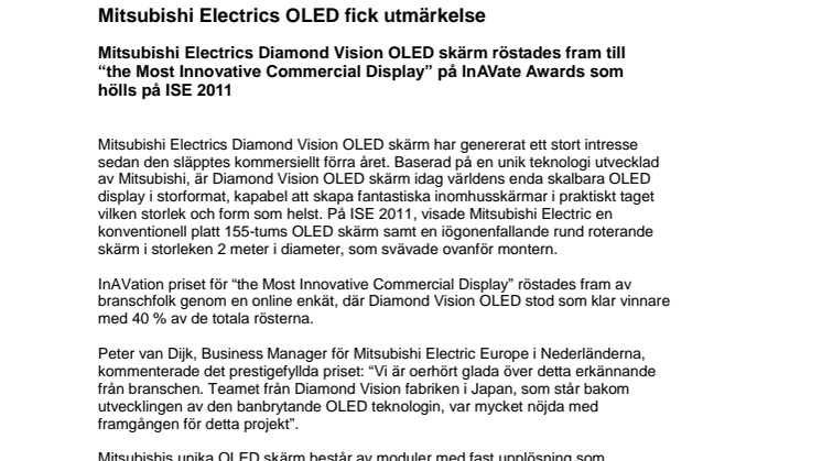 Mitsubishi Electrics OLED fick utmärkelse