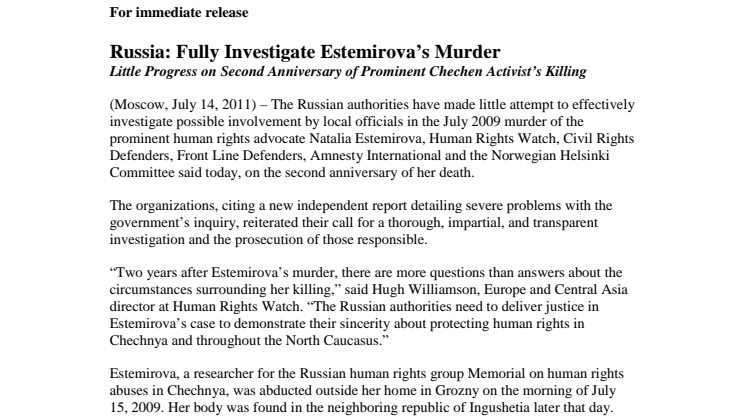 Estemirova’s murder must be investigated properly 