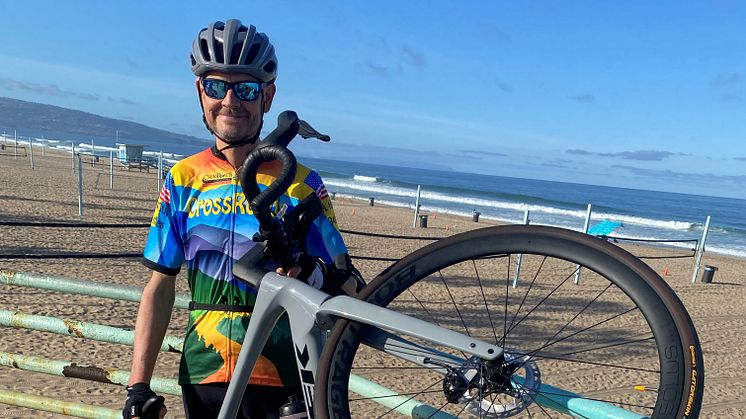 Ready to roll: Simon on the Pacific shoreline