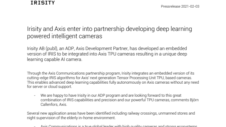 Irisity and Axis enter into partnership developing deep learning powered intelligent cameras