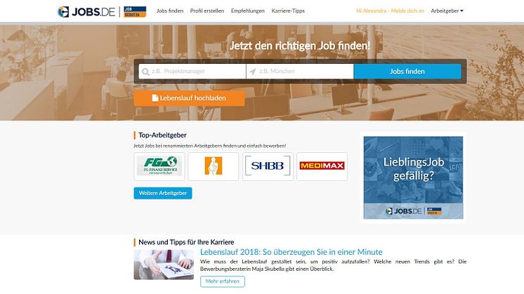 Screenshot der aktuellen Startseite von Jobs.de nach dem Re-Launch