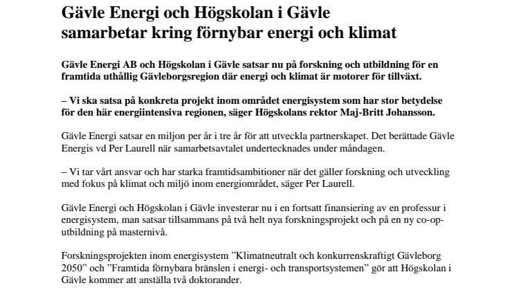 Gävle Energi och Högskolan i Gävle samarbetar kring förnybar energi och klimat