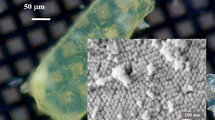 A magnified view reveals nanoscale mesocrystals (inset) starting to assemble and form an ordered supracrystal structure, seen in green.