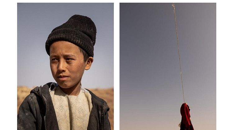  A portrait of Abdul*, 9, alongside a photo he has taken of the sky.
