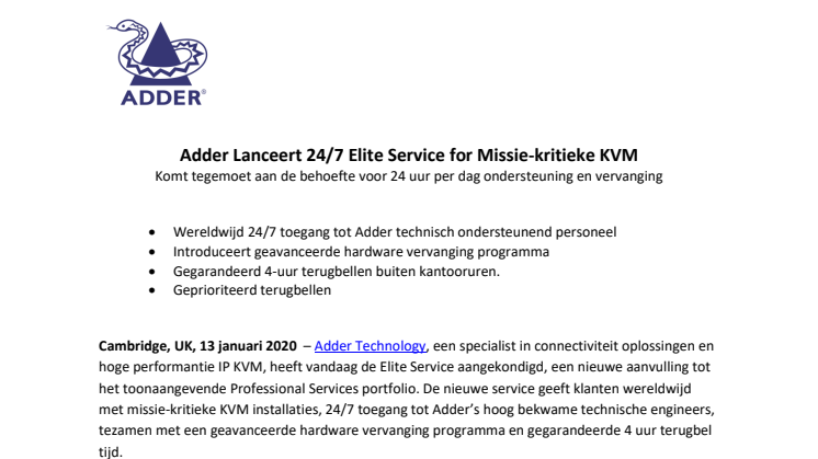 Adder Lanceert 24/7 Elite Service for Missie-kritieke KVM