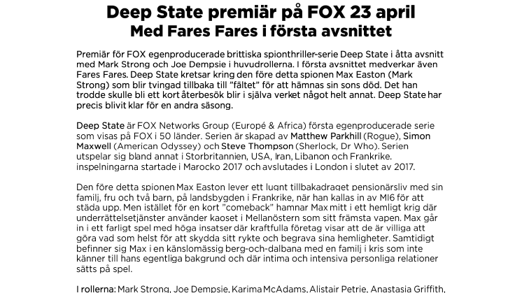 Deep State premiär på FOX 23 april - Med Fares Fares i första avsnittet