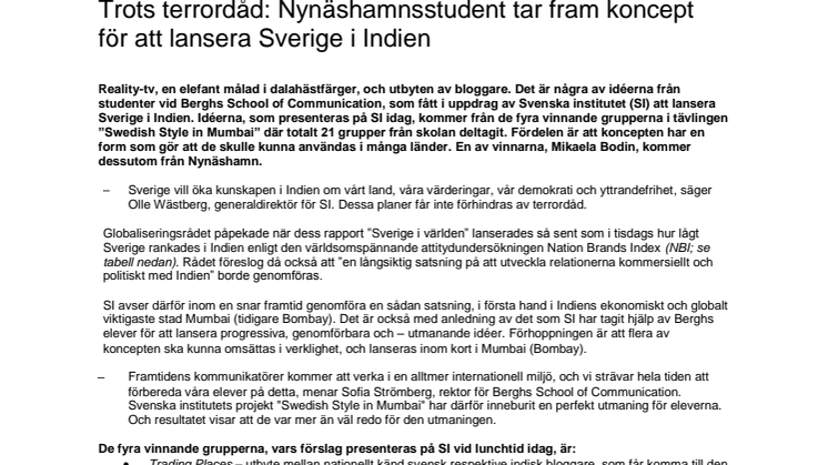 Trots terrordåd: Nynäshamnsstudent tar fram koncept för att lansera Sverige i Indien