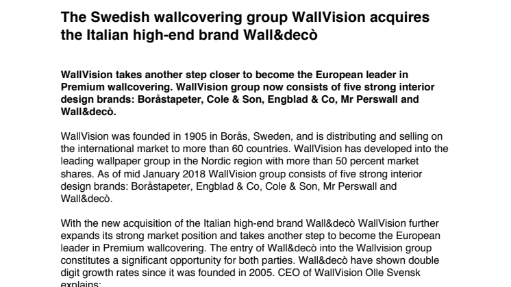 The Swedish wallcovering group WallVision acquires the Italian high-end brand Wall&decò