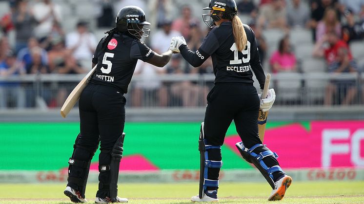 Deandra Dottin and Sophie Ecclestone for Manchester Originals. Photo: ECB/Getty Images