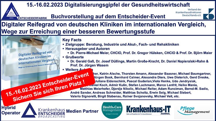 Buchvorstellung: Digitaler Reifegrad von deutschen Kliniken im internationalen Vergleich - sichern Sie sich Ihren Platz auf dem Entscheider-Event