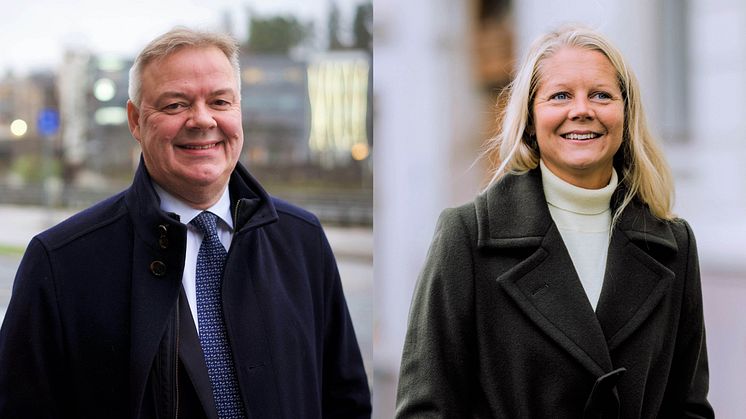 GÅR SAMMEN: Konsernsjef i Storebrand Odd Arild Grefstad og Kron-sjef Emma Tryti. FOTO: Storebrand/Kron