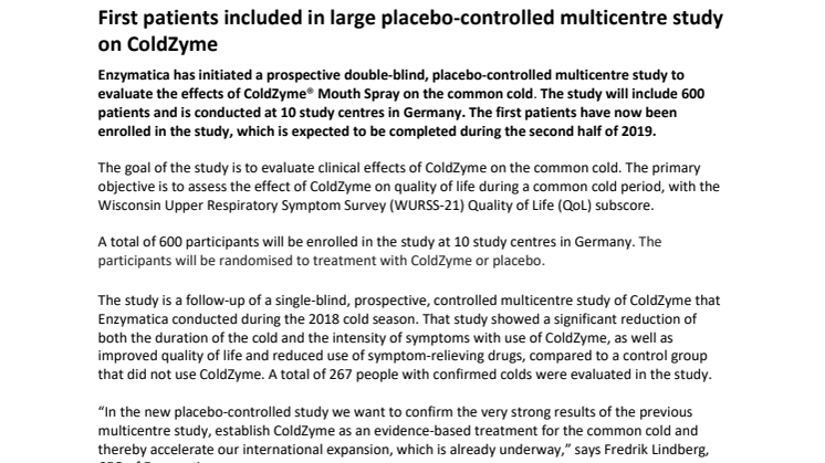 First patients included in large placebo-controlled multicentre study on ColdZyme