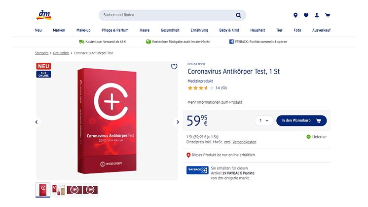 Regierungspräsidium Tübingen (RPT) bestätigt, dass der Coronavirus-Antikörpertest im Onlineshop dm.de verkauft werden darf.