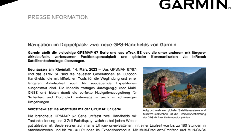 Garmin Pressemitteilung GPSMAP 67/67i & eTrex SE CH