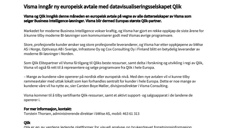 Visma inngår europeisk avtale med datavisualiseringsselskapet Qlik