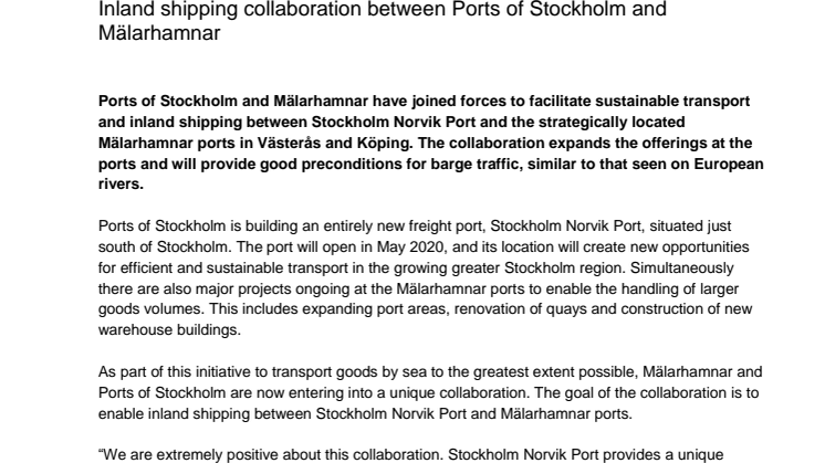 Mälarhamnar och Stockholms hamnar samarbetar för inlandssjöfart i Mälaren