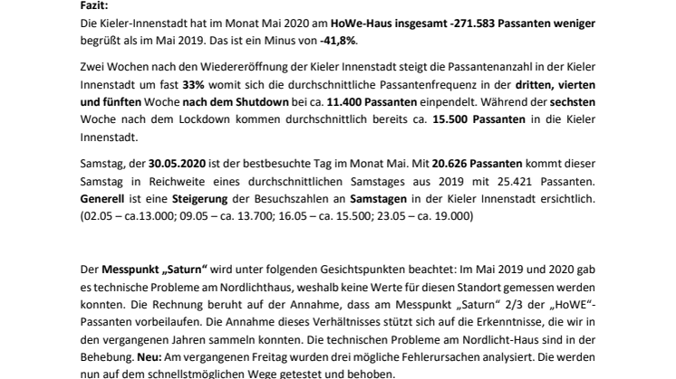 Bericht zu den Besucherzahlen in der Kieler Innenstadt Mai 2020