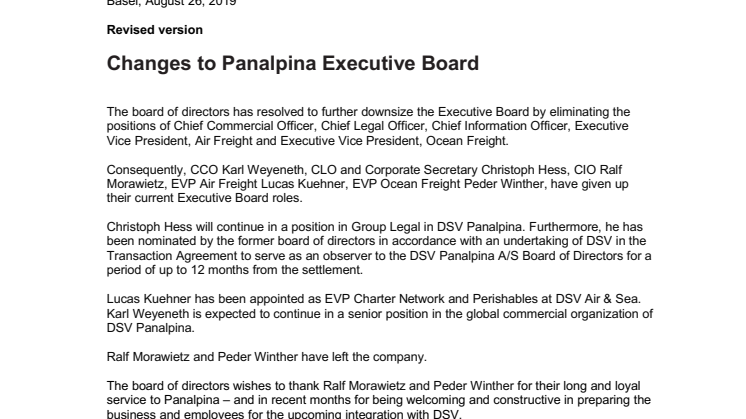 Changes to Panalpina Executive Board (Revised)