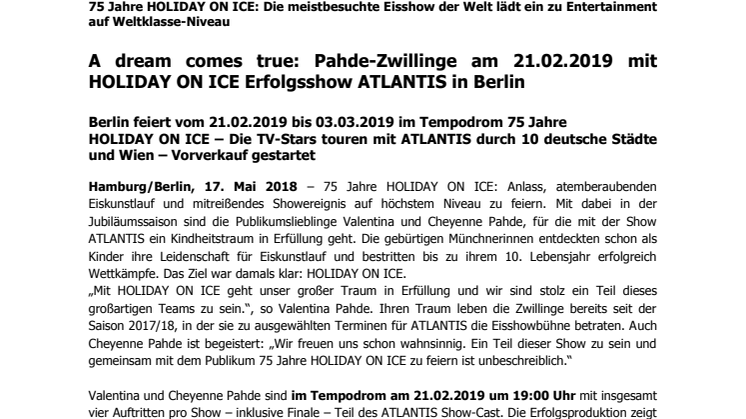 A dream comes true: Pahde-Zwillinge am 21.02.2019 mit HOLIDAY ON ICE Erfolgsshow ATLANTIS in Berlin