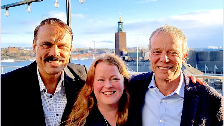 Grundarna av det nya rymdföretaget I.S.A.A.C. fr v. entreprenör Mattias Hansson, rymddesigner Cecilia Hertz och astronaut Christer Fuglesang 