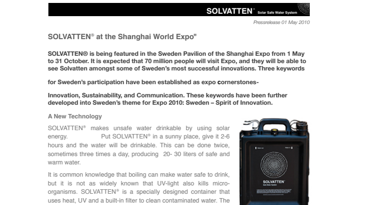 SOLVATTEN® Featured in the Shanghai World Exhibtion