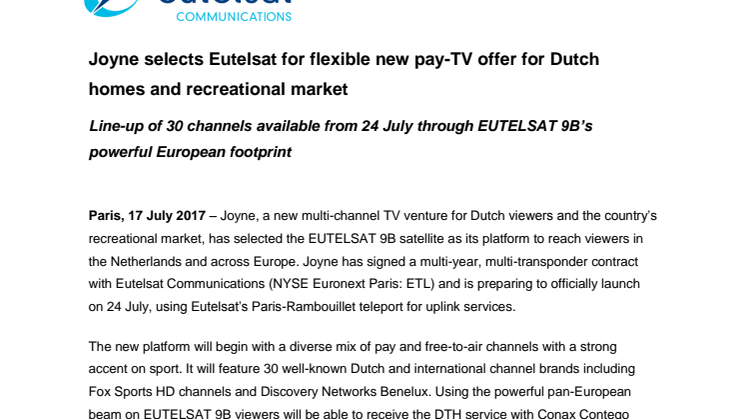 Joyne selects Eutelsat for flexible new pay-TV offer for Dutch homes and recreational market