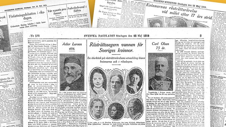 Kollage med artiklar ur Svenska Dagbladet, Göteborgs Dagblad och Dagens Nyheter den 25 maj 1919. 