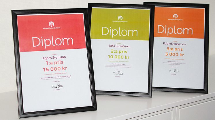 Diplomen till de tre vinnarna i den senaste omgången av Brottsoffermyndighetens uppsatstävling Brottsoffer i fokus.