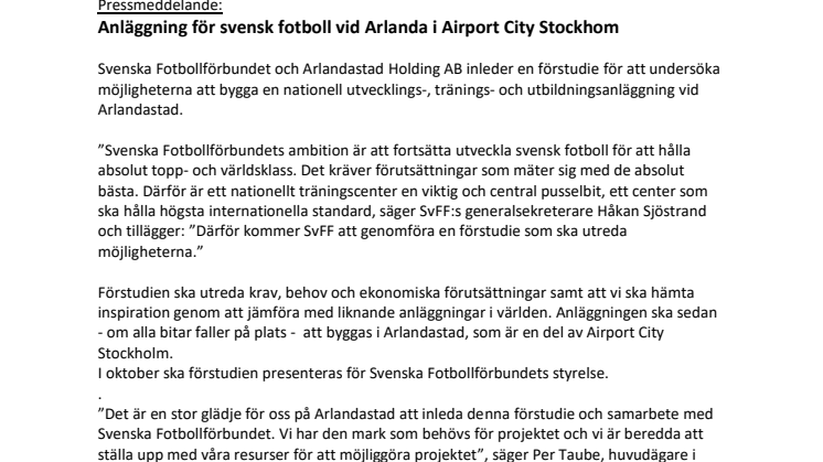 Anläggning för svensk fotboll vid Arlanda i Airport City Stockhom