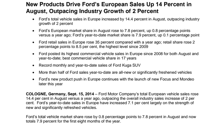 Ford Europas salgsresultat, august 2014