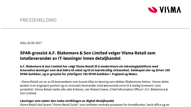 ​SPAR-grossist A.F. Blakemore & Son Limited velger Visma Retail som totalleverandør av IT-løsninger innen detaljhandel