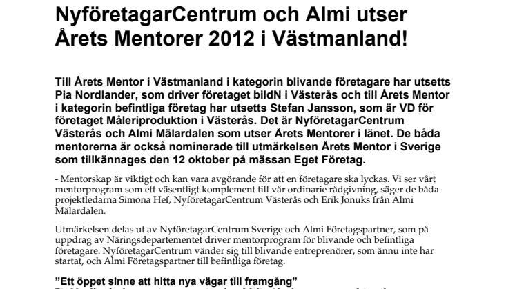 NyföretagarCentrum och Almi utser Årets Mentorer 2012 i Västmanland!