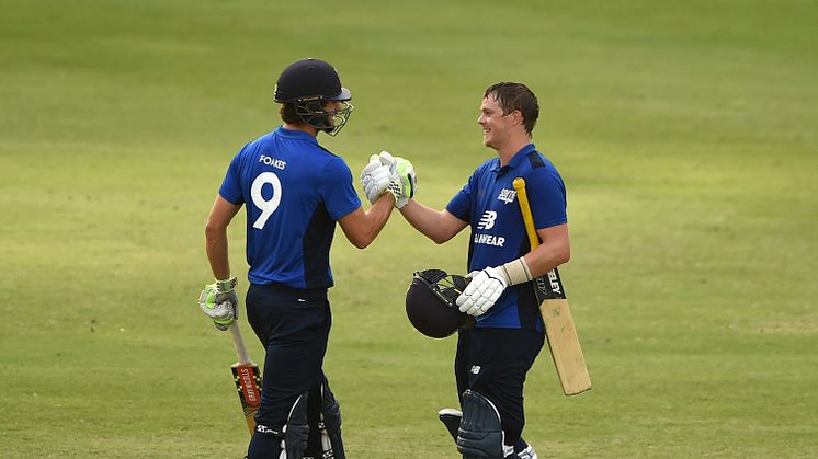 Sam Northeast being congratulated by Ben Foakes after scoring a century in the South's series-clinching win in Dubai in 2017