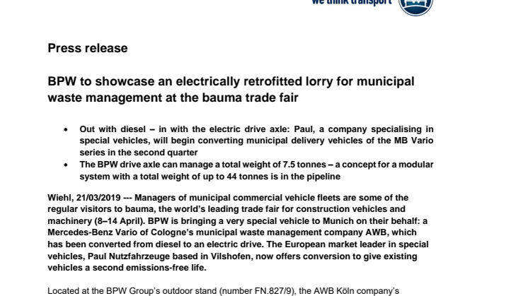 BPW to showcase an electrically retrofitted lorry for municipal waste management at the bauma trade fair 