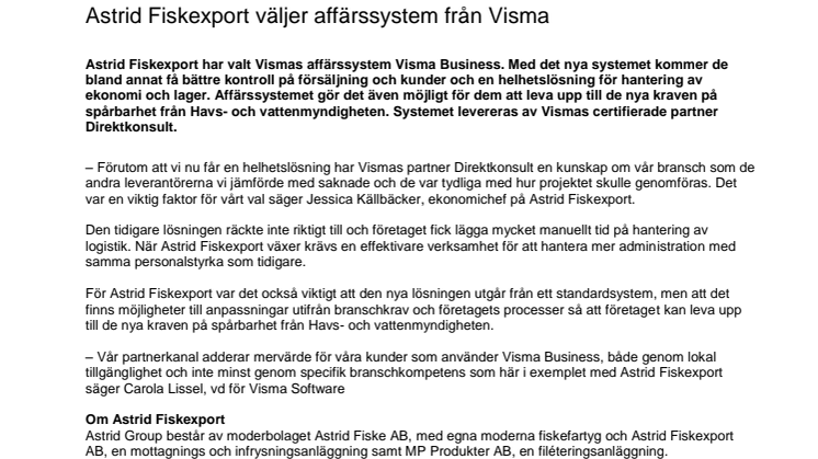 Astrid Fiskexport väljer affärssystem från Visma