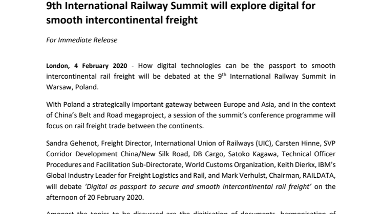 9th International Railway Summit will explore digital for smooth intercontinental freight