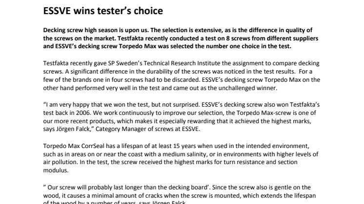 ESSVE wins tester’s choice