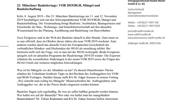 23. Münchner Bauleitertage: VOB 2019/BGB, Mängel und Bauleiterhaftung