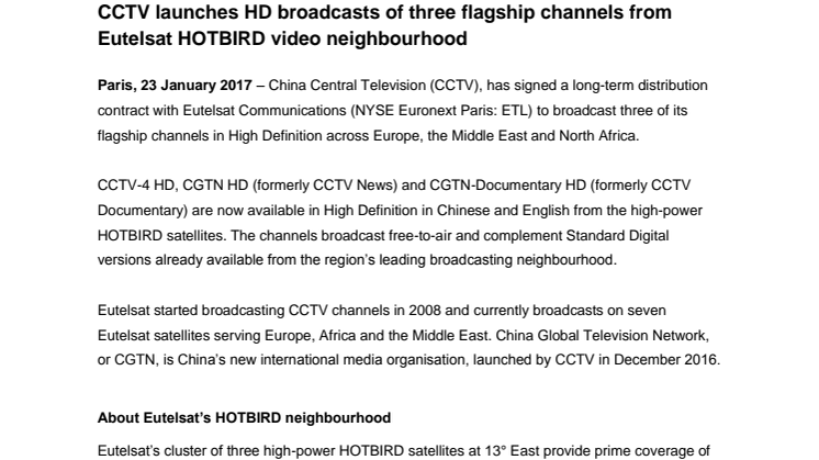 CCTV launches HD broadcasts of three flagship channels from Eutelsat HOTBIRD video neighbourhood