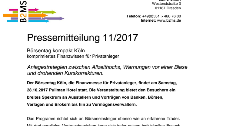 Börsentag kompakt Köln, 28.10.2017 - Anlagestrategien zwischen Allzeithochs, Warnungen vor einer Blase und drohenden Kurskorrekturen