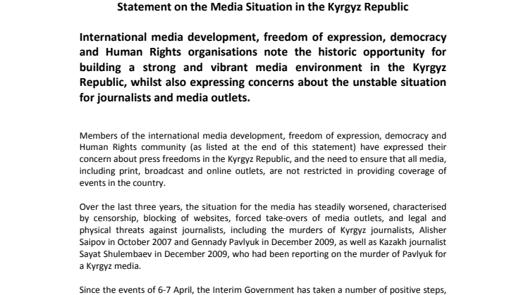 Gemensamt uttalande från människorätts- och medieorganisationer om yttrandefriheten i Kirgizistan 