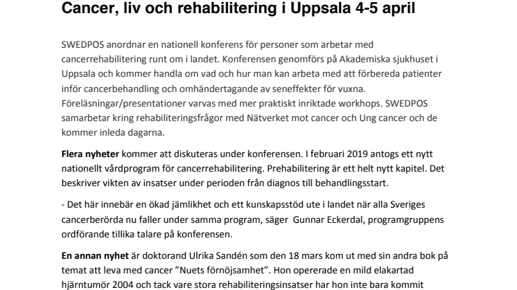 Cancer, liv och rehabilitering i Uppsala 4-5 april