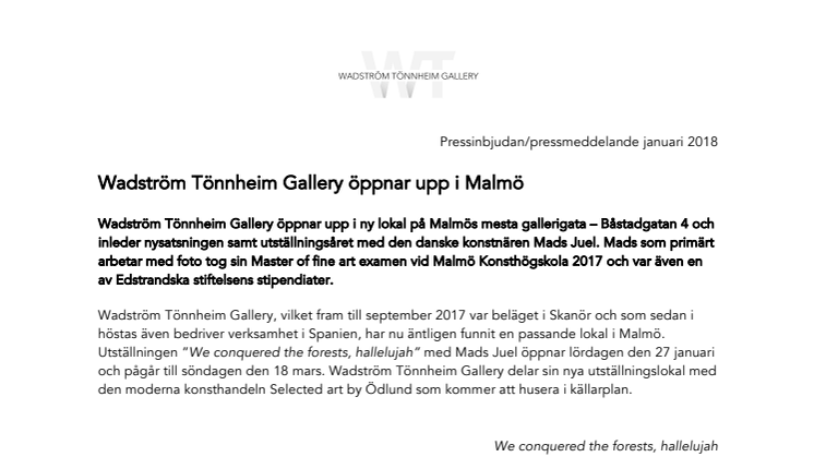 Wadström Tönnheim Gallery öppnar i Malmö med Mads Juel