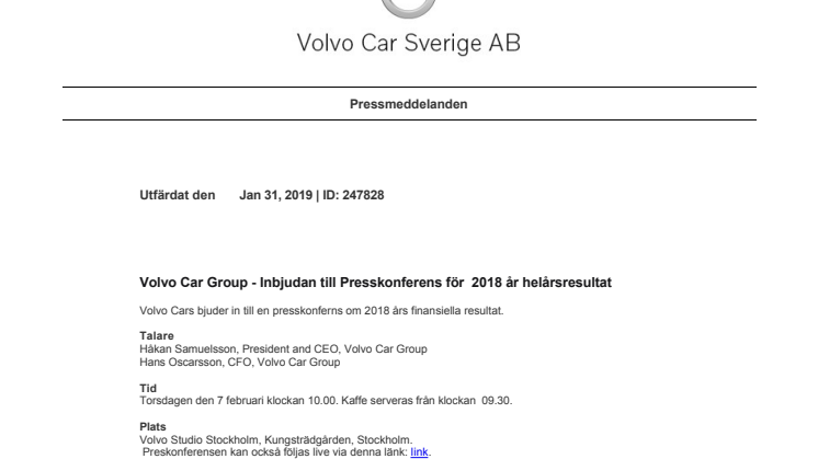 Volvo Car Group - Inbjudan till Presskonferens för 2018 år helårsresultat