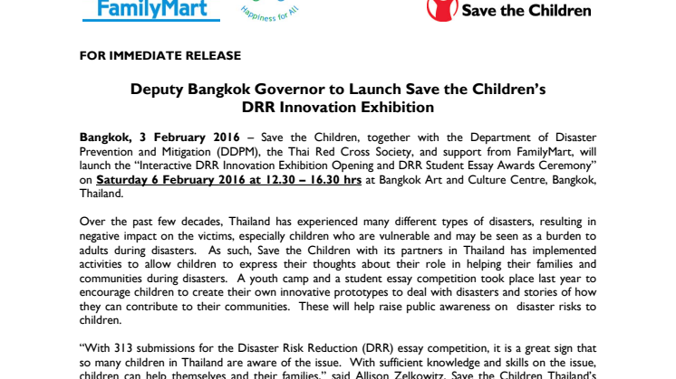 Deputy Bangkok Governor to Launch Save the Children's DRR Innovation Exhibition