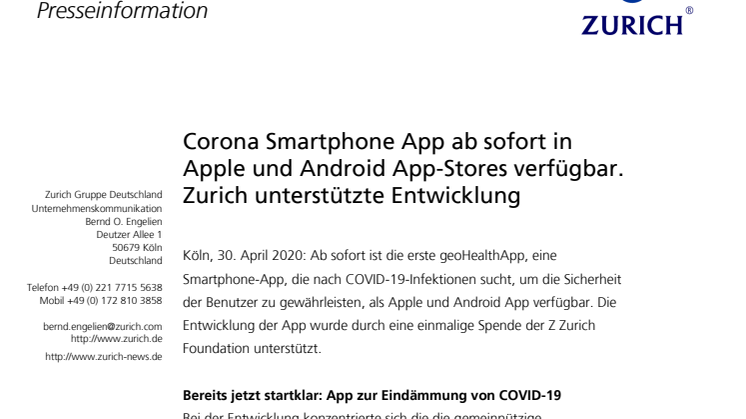 Corona Smartphone App ab sofort in Apple und Android App-Stores verfügbar. Zurich unterstützte Entwicklung 