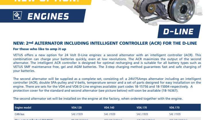 VETUS 24V / 75 Amps alternator with an intelligent controller (ACR) for its D-Line (Deutz) common rail engines - Information Sheet