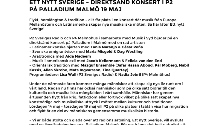 Ett nytt Sverige – direktsänd konsert i P2 på Palladium Malmö  torsdag 19 maj kl 19 